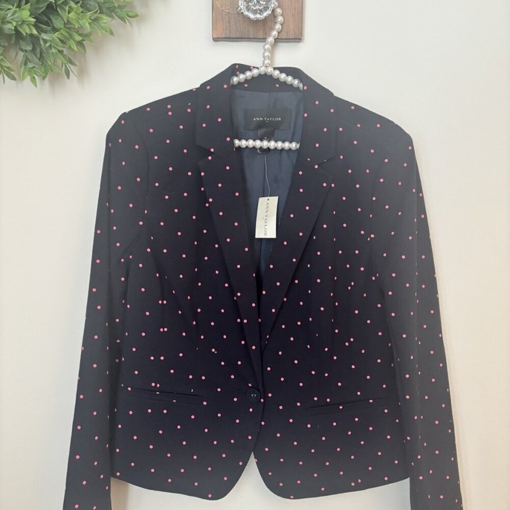 NWT Ann Taylor Womens Size M Dark Blue Blazer Pink Polka Dots